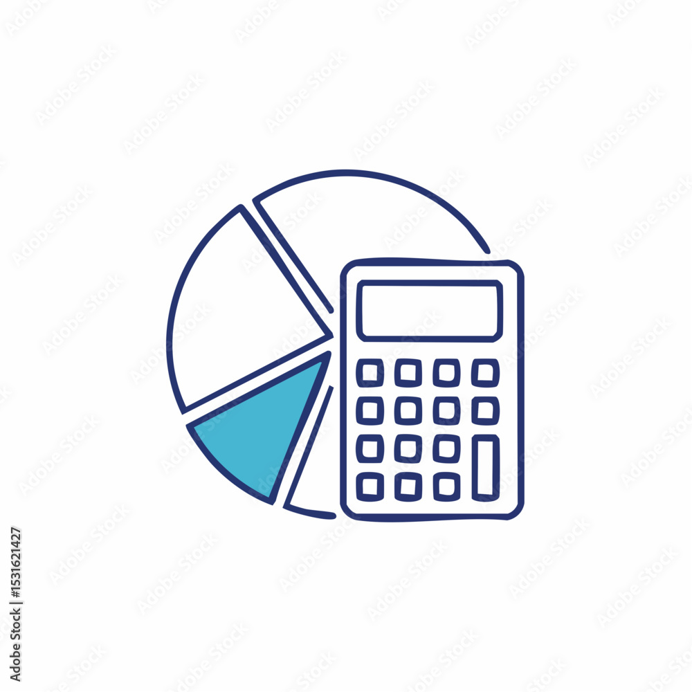 Aufkleber illustration of a pie chart with one segment highlighted in blue, next to a calculator.