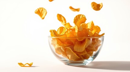 Golden Potato Chips Falling into Glass Bowl on White Background, Close Up