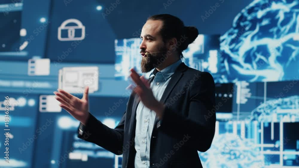 Poster it engineer hosting public speaking event to present new ai tech tools, showcasing neural networks b