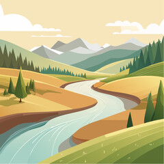 Serene River Valley Landscape with Green Hills and Blue Sky