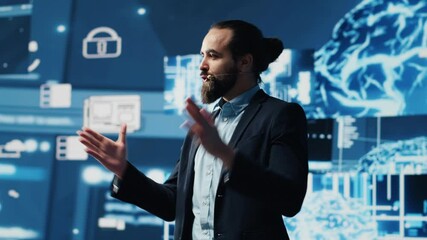 IT engineer hosting public speaking event to present new AI tech tools, showcasing neural networks brain system for automation. Businessman speaker gives pitch for deep learning. Camera A. - Powered by Adobe