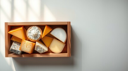 Assorted Cheeses in Wooden Box, Sunlit Still Life