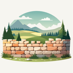 Stone Wall Landscape with Green Fields and Mountains