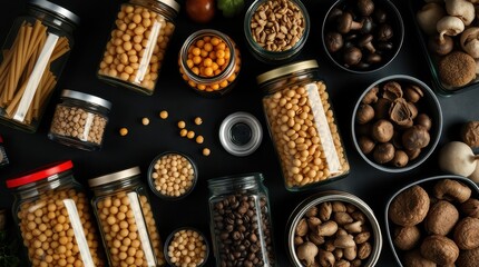 Assorted legumes, nuts, and mushrooms in glass jars and bowls on a dark background