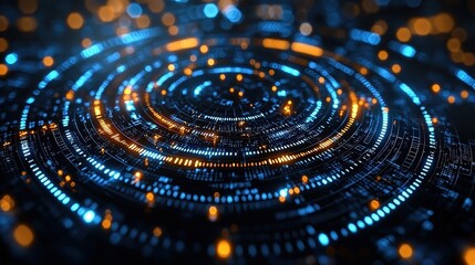 Fototapeta premium A stark, futuristic chart, lines spiralling downwards like a failing ship, against an abstract backdrop of binary code and flickering data points, depicting the ominous shadow of a financial 