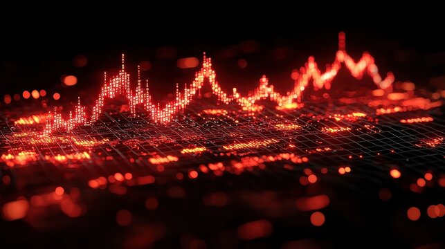 A stark, futuristic chart, lines spiralling downwards like a failing ship, against an abstract backdrop of binary code and flickering data points, depicting the ominous shadow of a financial 