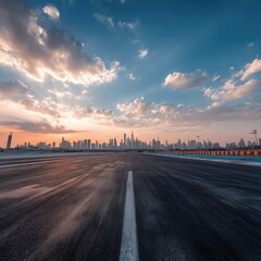 Empty race track at dawn, city skyline in the background