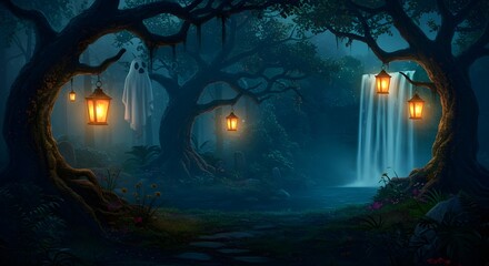 Dark Fantasy Halloween Forest with Glowing Lanterns and Photorealistic Waterfall Oasis

