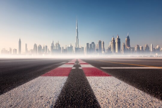 Empty race track leads to a modern city skyline