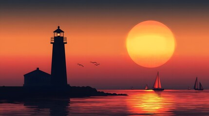 The warm lighthouse in the sunset glow