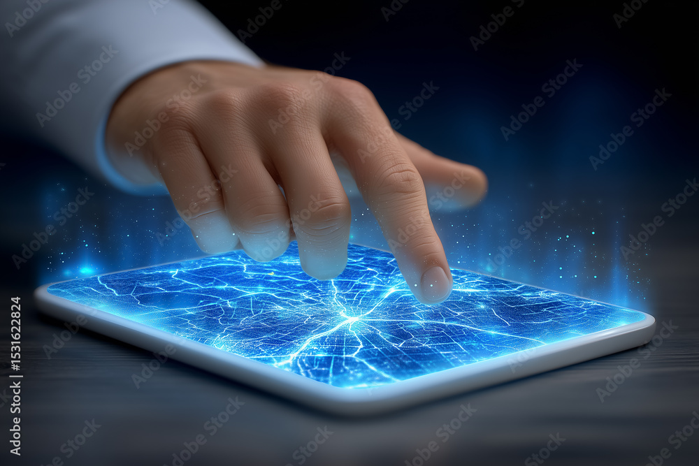 Poster hand interacts with illuminated touchscreen generating blue energy effects. modern tech setting crea