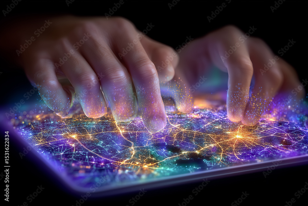 Poster two hands engage with a luminous digital interface filled with colorful data patterns. the setting o