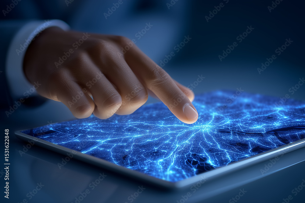 Poster hand interacting with touchscreen displaying vibrant digital network visualization. modern office se