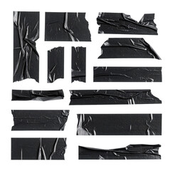 Various Pieces of Torn and Frayed Black Adhesive Tape Scattered Art, bundle collection, Isolated on Transparent Background