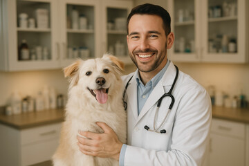 Smiling Veterinarian Poses With Happy Dog In Clinic Environment Reflecting Animal Care And Compassion