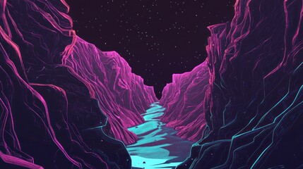 Neon canyon, starry night.  Deep, winding canyon with vibrant, neon-pink and teal-blue rock formations.  Stars speckle the inky black sky.  Abstract digital art