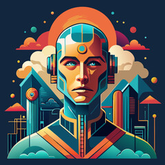 Robot in futuristic cyberpunk setting with cityscape and robotic parts