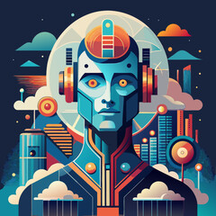 Stylized robot figure with intricate details of electronic components, set against a backdrop that suggests a futuristic city.