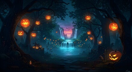 Halloween Night in Spooky Forest with Glowing Lanterns and Vibrant Waterfall Oasis

