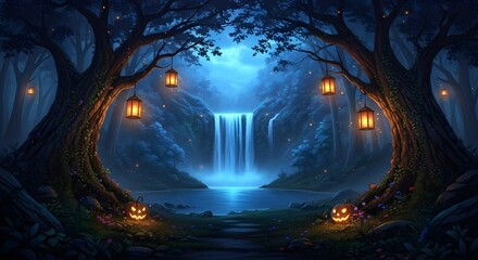 Halloween Night in Spooky Forest with Glowing Lanterns and Vibrant Waterfall Oasis

