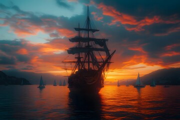 The old ship and the coast in the sunset glow