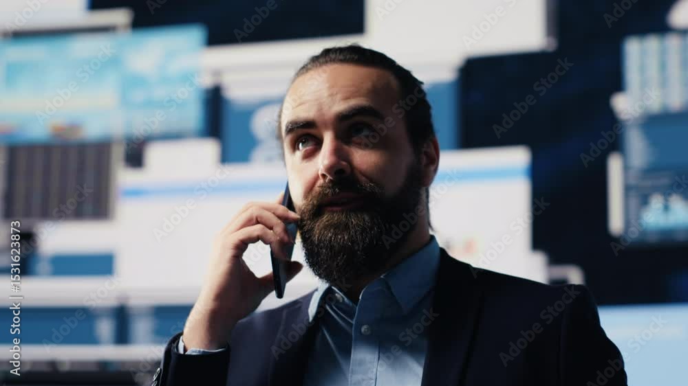 Poster professional businessman answering a phone call surrounded by kpi metrics to evaluate company perfor