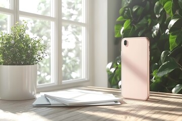 The phone with sunlight shining on the desk