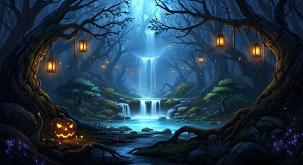 Dark Fantasy Halloween Forest with Glowing Lanterns and Serene Waterfall Oasis

