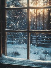 Naklejka premium Silver snowflakes falling outside the winter window