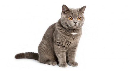 Fototapeta premium Portrait of a british shorthair cat breed with gray fur and yellow eyes on a white background studio shot