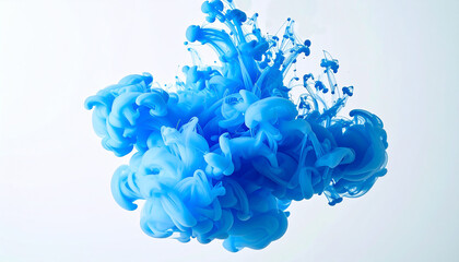 macro shot of pastel blue ink droplets spreading like smoke in liquid, white background