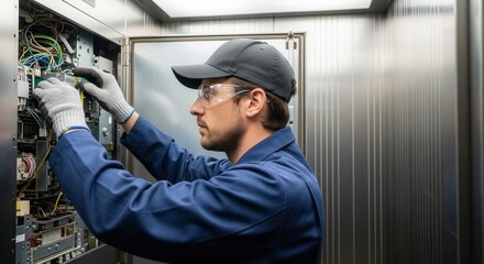 Elevator technician repairing electrical system maintenance service installation job expert worker