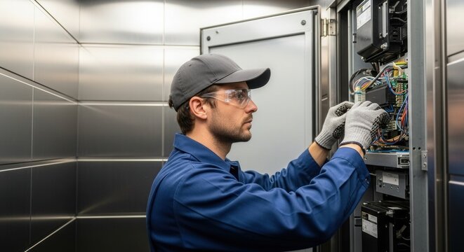 Elevator technician repairing control panel electrical system maintenance service industry job professional
