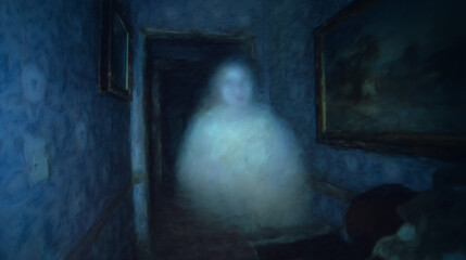 Ethereal ghostly figure appears in darkened hallway with vintage floral wallpaper. Mysterious setting evokes feelings of suspense and curiosity. Concept of horror, paranormal exploration, ghost tours