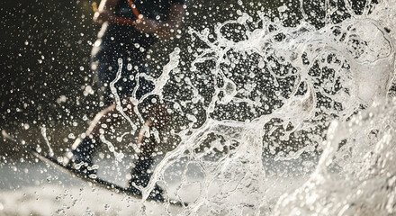 Extreme close-up of water droplets from wakeboarding