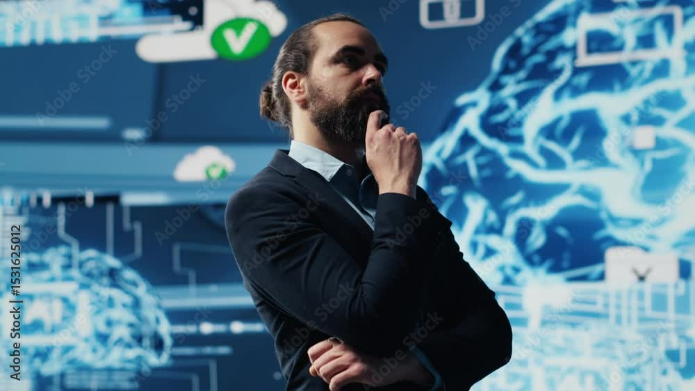 Poster tech savvy businessman employing ai brain data visualization, exploring algorithmic thinking and mac