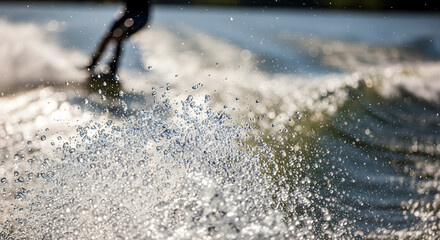 Extreme close-up of water droplets from wakeboarding