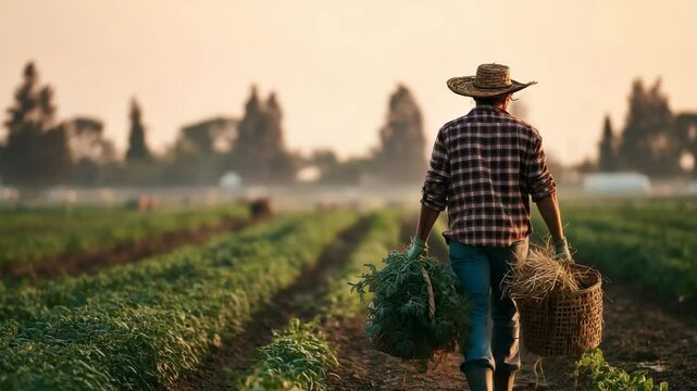 A farmer wearing a straw hat carries wicker baskets of produce down a lush field. Concept of agricultural tradition.