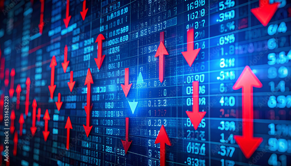 Poster red arrows on stock market display: a dynamic visual representation of the stock market, featuring p