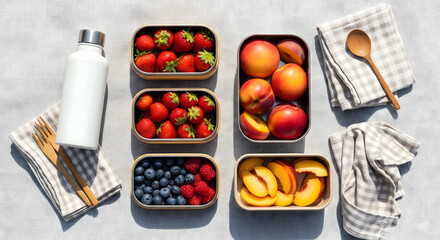 Overhead flatlay of sustainable picnic with local fruit