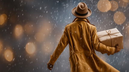 Fototapeta premium Man in yellow trench coat holds gift box while standing in rain, blurred bokeh lights create a dreamy atmosphere. Concept of gift giving, surprise, holiday celebrations