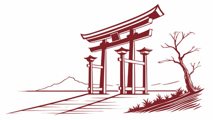 Stylized Japanese Torii Gate with Landscape and Tree Illustration