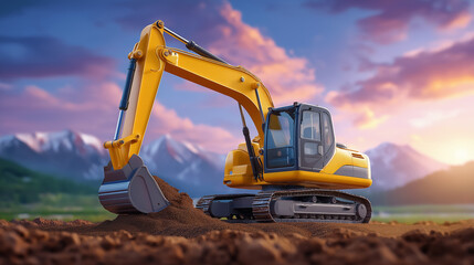 Excavator digs earth in vibrant sunset landscape with majestic mountains. Dramatic clouds enhance the setting's beauty. Concept of construction, landscaping, earthmoving industries