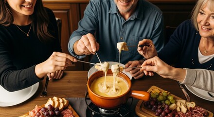 Gourmet Swiss fondue dinner on a winter evening