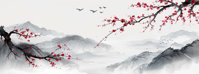 Traditional Asian landscape painting with majestic mountains and red plum blossoms. © SunwArt