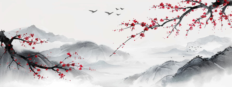 Traditional Asian landscape painting with majestic mountains and red plum blossoms.