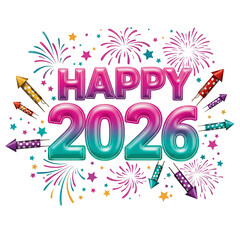 "Happy 2026 Colorful Fireworks Celebration with Party Rockets and Gradient Text"