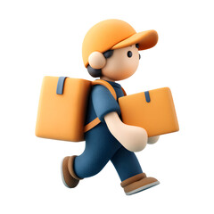 3D Cartoon Delivery Boy Carrying Packages on transparent background for E-commerce