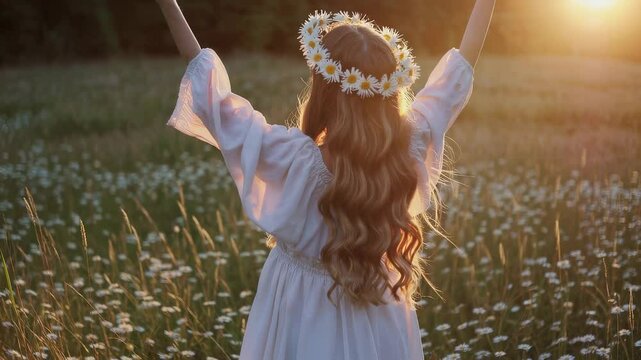 Young woman in folk dress with daisy flower wreath. Magical Midsummer folklore Solstice ritual. 