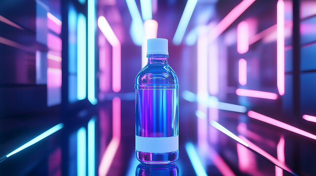 Futuristic energy drink bottle mockup with neon glow and sci-fi style
